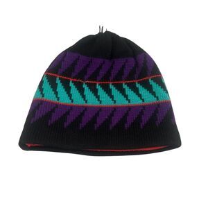 Vintage Patagonia Hat Cap Fitted Mens Medium Black Purple Teal Fleece Lined 90s